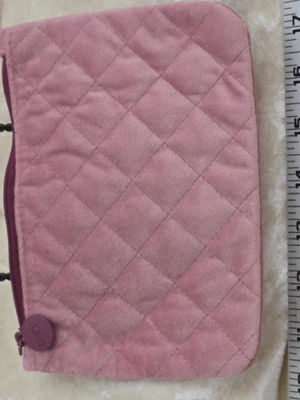 IPSY Pink Quilted Velvet Makeup Bag Cosmetic Pouch Zip Top